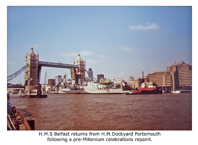 HMS Belfast returns from refurb 1999 under Tower Bridge