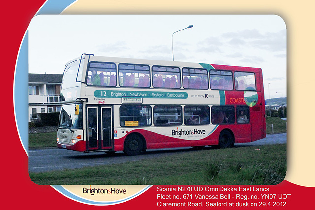 Brighton & Hove fleet no. 671 Vanessa Bell - Reg.no. YN07 UOT at Seaford on 29.4.2012