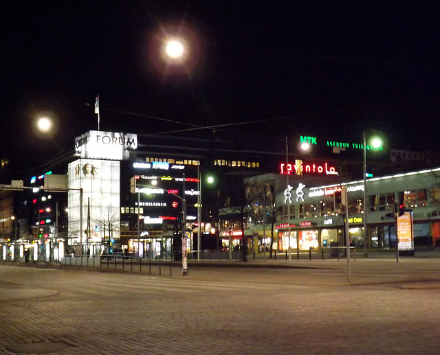 The Lasipalatsi and Street at Night in Helsinki, April 2013