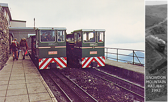 Snowdon Mountain Railway no 9 Ninian & no10 Yeti at Summit Station in summer 1992