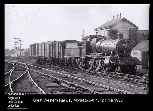 GWR 2-6-0 7312 passing Gloucester West box. c1960