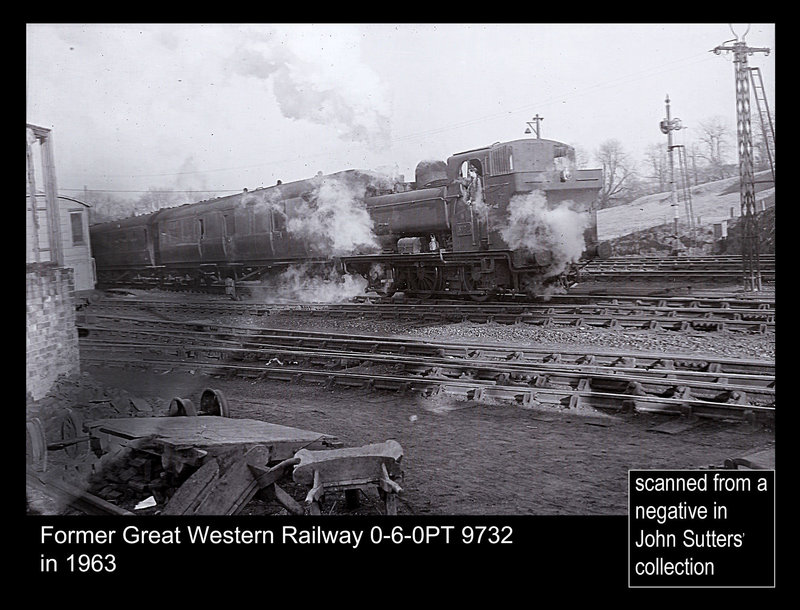 Former GWR 0-6-0PT 9732 - 1.3.1963 at Yeovil Town Station on the 4pm Yeovil Pen Mill to Taunton.