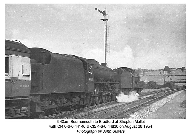 Bournemouth to Bradford express with 44146 & 44830 at Shepton Mallet 28 8 54
