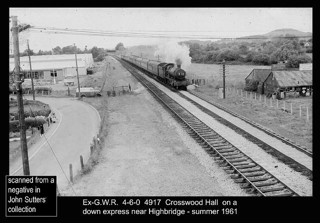 Ex-GWR 4-6-0 4917 Crosswood Hall on a down express near Highbridge - summer 1961