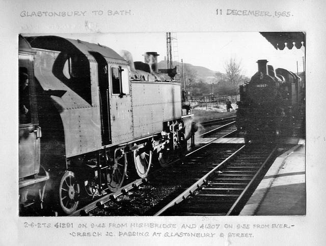 Ivatt 2-6-2Ts 41291 & 41307 passing at Glastonbury & Street 11.12.65