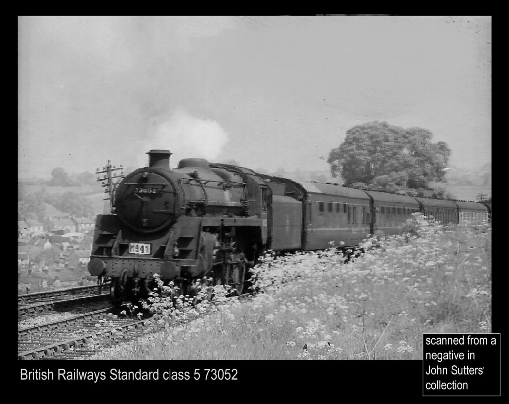 BR class 5 73052 on a southbound train passing Midsomer Norton.