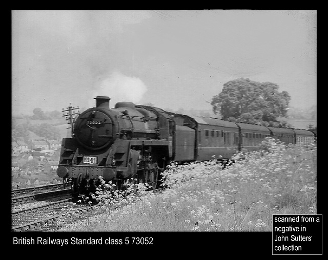 BR class 5 73052 on a southbound train passing Midsomer Norton.