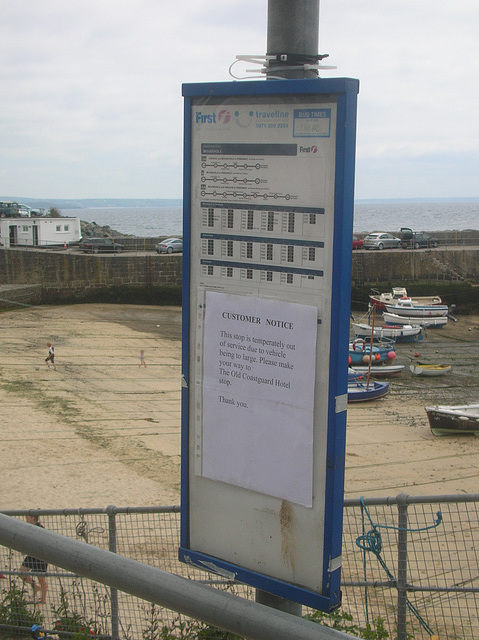 DSCN1015 First Devon and Cornwall timetable and traffic notice at Mousehole - 9 Jun 2013