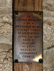Memorial to George Holmes of the 1st East Yorkshire Regiment, Hathersage Church, Derbyshire