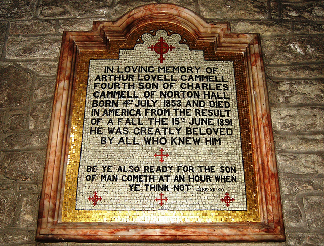 Memorial to Arthur Lovell Cammell (1853-1891) of Norton Hall, Hathersage Church, Derbyshire