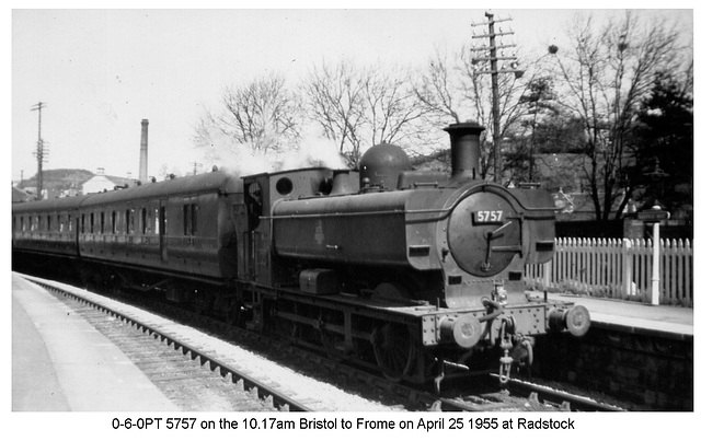 Radstock - 0-6-0PT 5757 on the 10 17am Bristol to Frome on April 25 1955