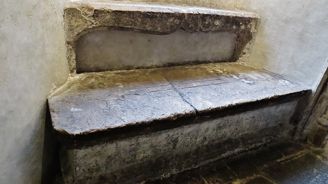 st. john the baptist's church, bristol,cross on incised tomb slab in crypt. several are set into the window bays under low ogee canopies, whilst others line the south wall, surely acting as seating. p