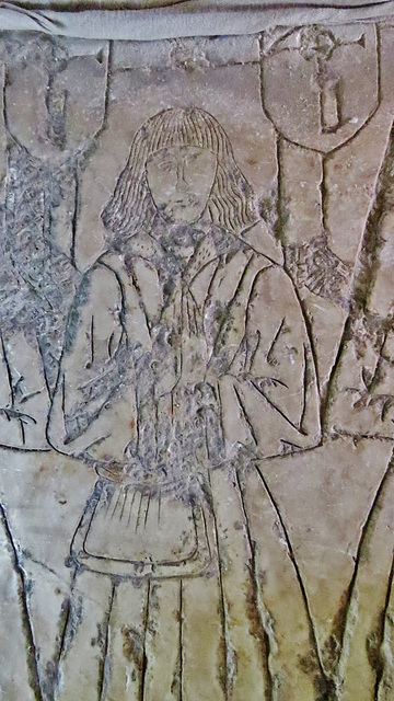 st. john the baptist's church, bristol,detail of early c16 tomb in crypt with incised slab showing merchant and wives