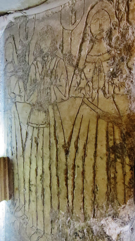 st. john the baptist's church, bristol,detail of early c16 tomb in crypt with incised slab showing merchant and wives