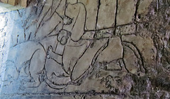 st. john the baptist's church, bristol,detail of early c16 tomb in crypt with incised slab showing merchant and wives