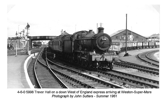 Ex-G.W.R. 4-6-0 5998 Trevor Hall on a down express at Weston-Super-Mare summer 61