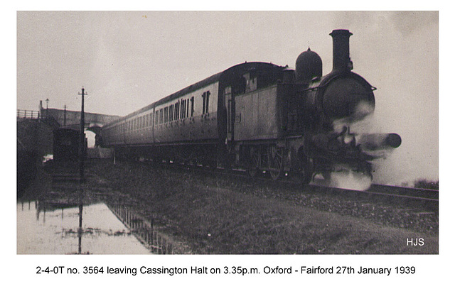 GWR 2-4-0T 3564 - Cassington Halt - 27.01.1939 photo by John Sutters