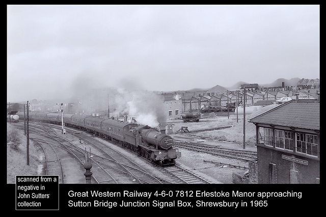 GWR 4-6-0 7812 Erlestoke Manor at Sutton Bridge Junction Signal Box, Shrewsbury, on the down Cambrian Coast Express - 4.8.1965