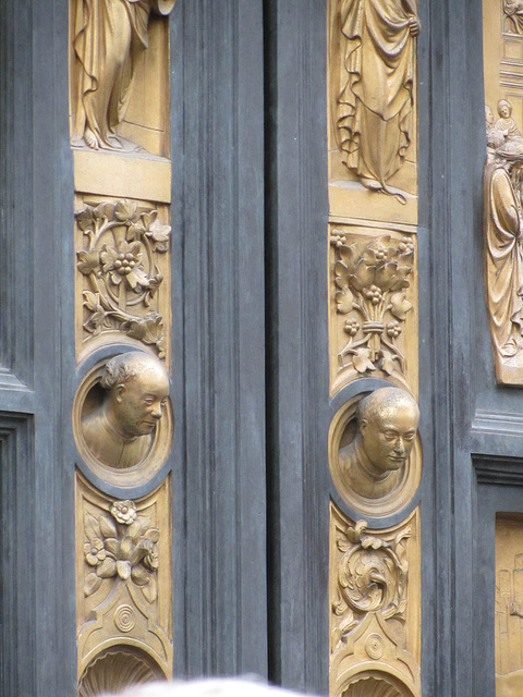 Detail from the east door of the Baptistery showing busts of the designer, Lorenzo Ghiberti and his father, Bartolomeo