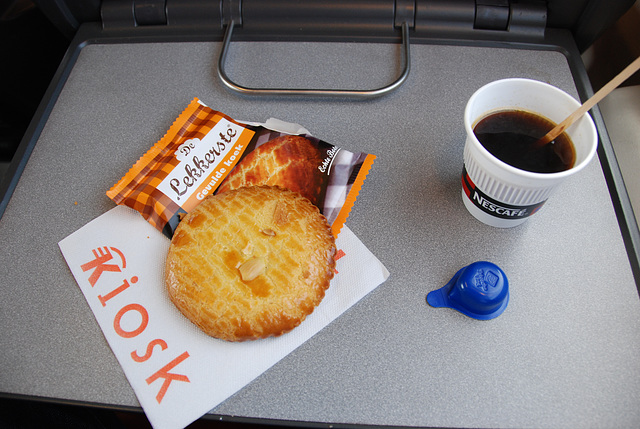 Train journey to London: Snack and coffee in the train
