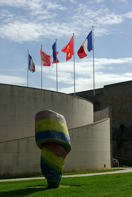 Coloured Cone Sculpture at Caen, with Flags - Sept 2010