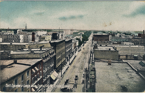 Bird's Eye view of London, looking East on King St., London, Ontario.