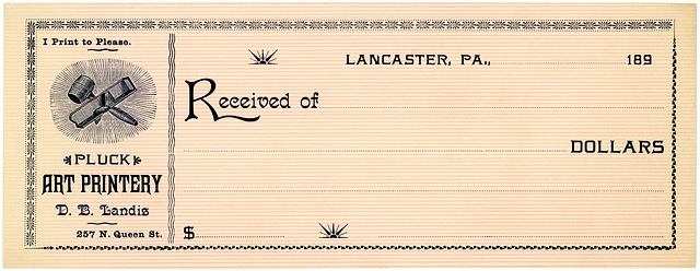 Pluck Art Printery Receipt, Lancaster, Pa., 1890s