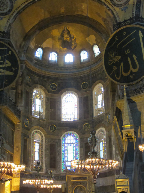 Interior of the Hagia Sophia Museum with Christian and Muslim Icons, representative of it's history as a church and a mosque.