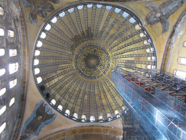 Interior of the Hagia Sophia Museum with Christian and Muslim Icons, representative of it's history as a church and a mosque.