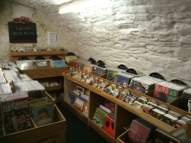 Down the stairs at High Street Books, New Mills