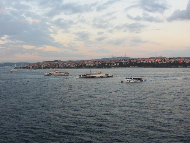 Rush hour ferries cross the Bosphorus at Istanbul. The city has 13 million inhabitants.  About 60% live on the Asian side where there is more room and the cost of living is lower.