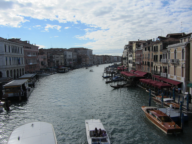 "What news on the Rialto?" A view from the bridge. Always for pedestrians only, a bridge has stood at this site since 1181 and the current stone structure since 1591.