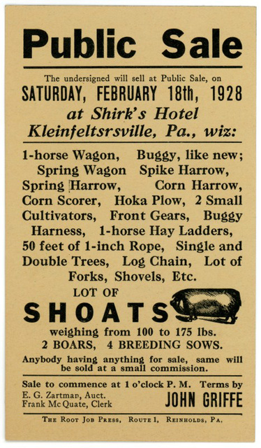 Public Sale at Shirk's Hotel, Kleinfeltersville, Pa., February 18, 1928