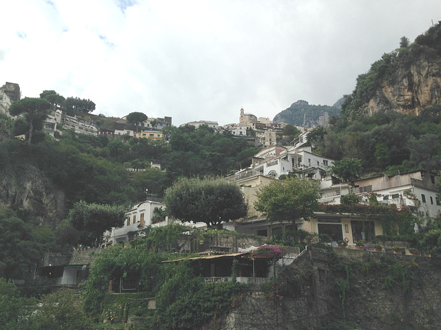 Terraced homes above Positano, Italy.  A lovely town on the Amalfi coast, reportedly popular with jet setters.  It had many upscale shops with gorgeous goods way out of of our range but fun to look at