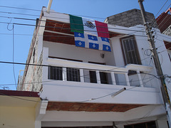 Fleurdelysée allongé et drapeau mexicain en harmonie / Mexican an doctored Quebec flag in electric harmony.