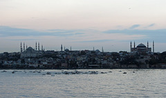 Istanbul at dawn. Sultanahmet Mosque on left, Hagia Sophia Museum on right