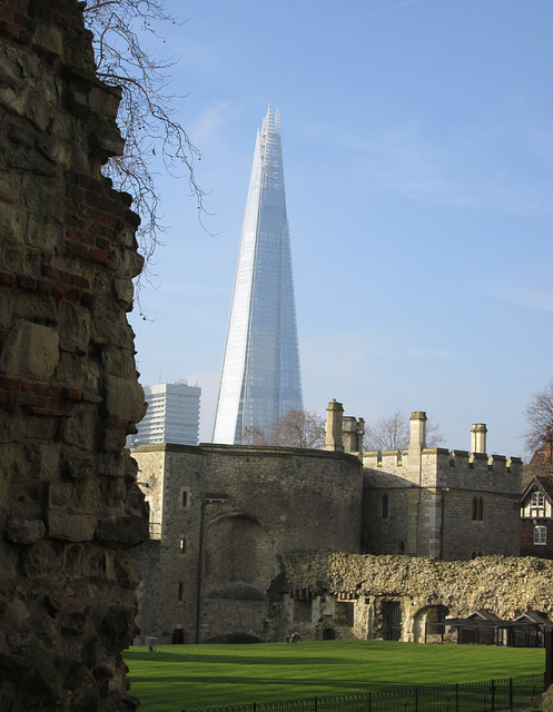 The Shard rises above the Tower walls.