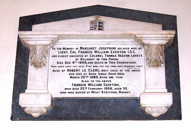 Memorial to Margaret Egerton and Hubert Le Clerc, Saint John the Baptist's Church, Whittington, Shropshire
