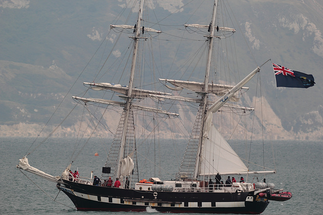 The Sea Cadets' two-masted square-rigged sailing brig TS Royalist in Weymouth Bay