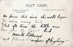 Rear of postcard of Sgt, Harold Littlewood "Pitman Champion of England'