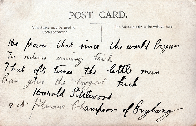 Rear of postcard of Sgt, Harold Littlewood "Pitman Champion of England'