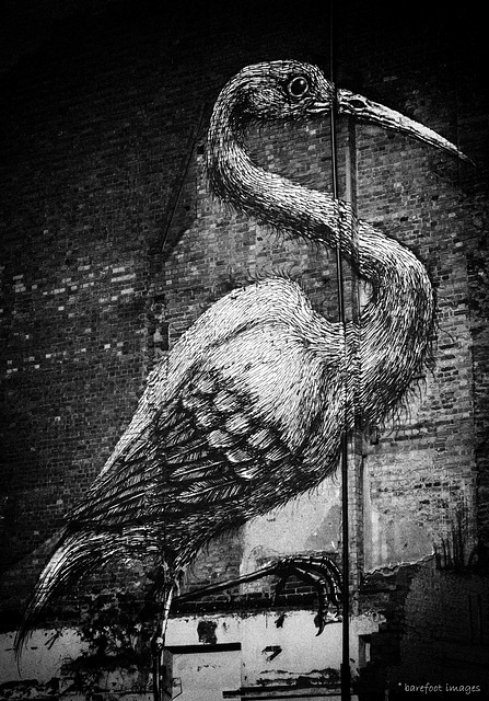 ROA's crane, Hanbury Street (b&w version)