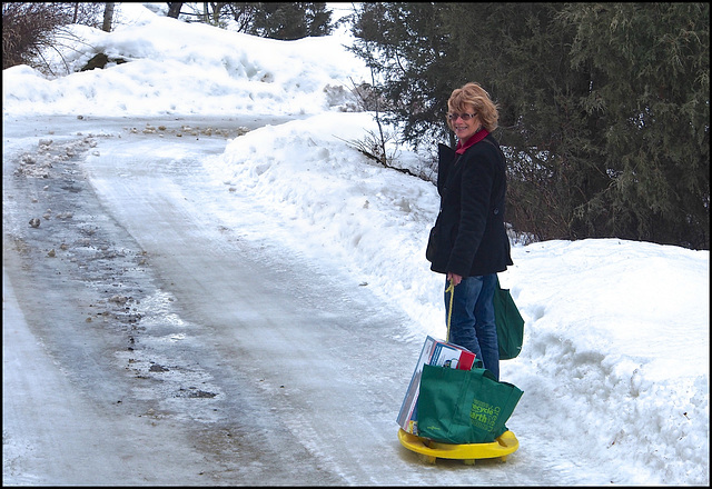 Our 300m long driveway turned into ice after the temperature went from -16 to +4 within 24 hours. We packed our groceries on a sleigh and used studded shoes to get from the road to the house.