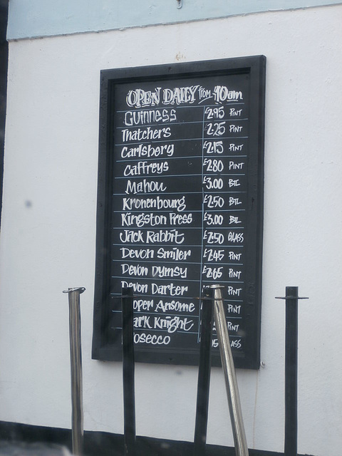 The beer list outside the local pub