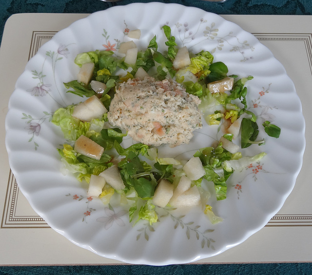 Homemade smoked Salmon pate on lettuce and finely chopped pear and balsamic.