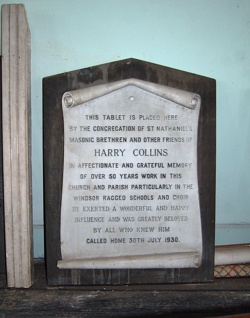 Memorial to Harry Collins from St Nathaniel, Oliver St, Liverpool which was demolished c1993, now at Saint Bride's Percy Street, Liverpool