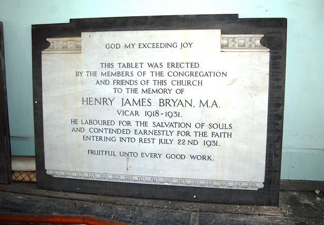 Memorial to Henry James Bryan MA from St Nathaniel, Oliver St, Liverpool which was demolished c1993, now at Saint Bride's Percy Street, Liverpool