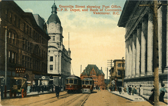 Granville Street showing Post Office, C.P.R. Depot, and Bank of Commerce, Vancouver, B.C. [105,701]