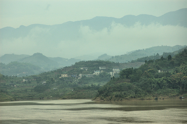 clouds, light rain, river