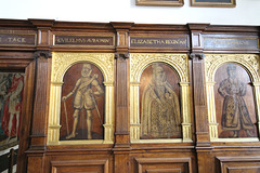 Detail of painted panelling in entrance hall, Astley Hall, Chorley, Lancashire